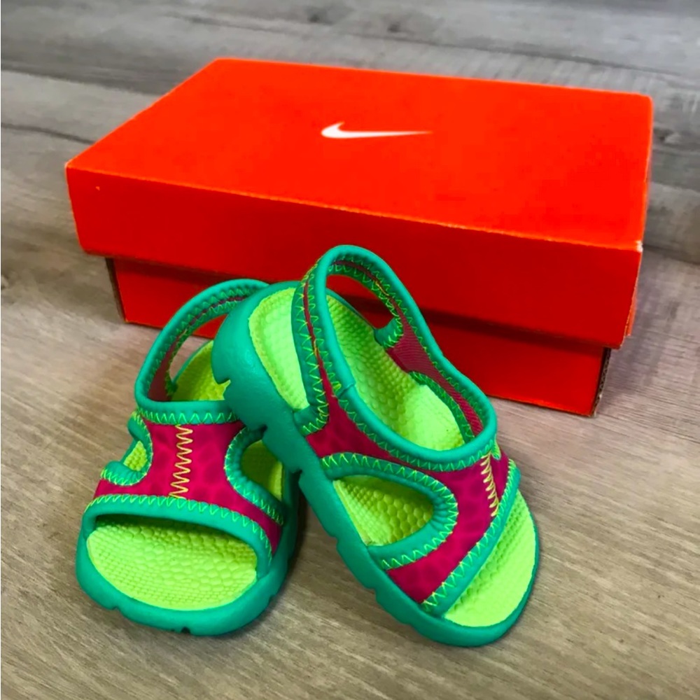 Nike Lil Sunray sandals in Fushia and Lime. Size 2C.